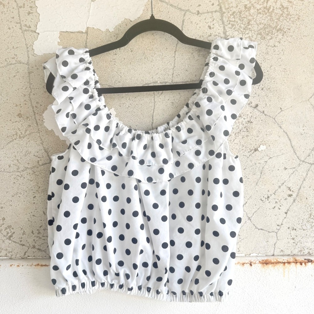 Vintage Tank Polka Dot Crop Top Ruffle Neck Bubble Hem Blouse 90s French Girl L